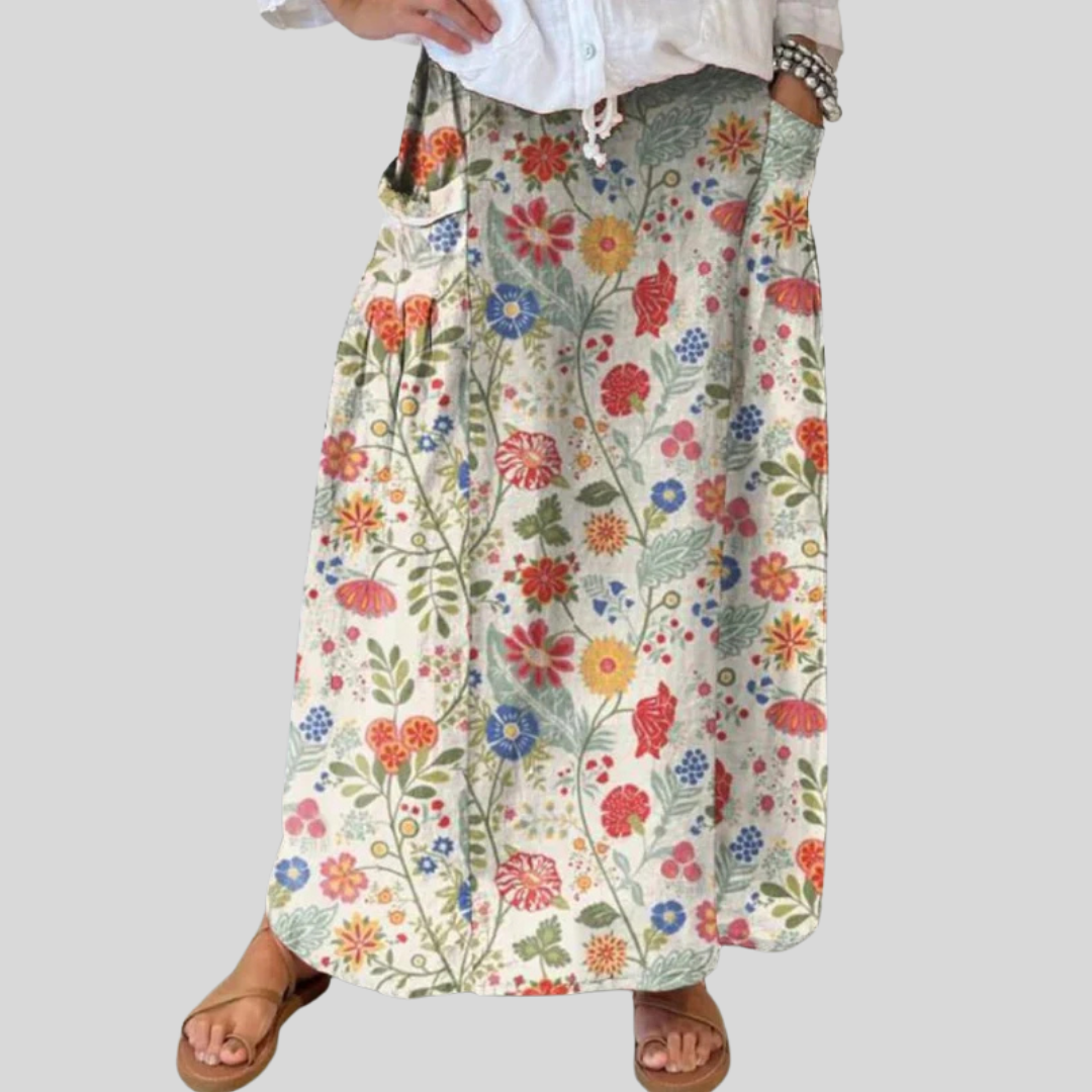 Falda de lino con cintura elástica y bolsillo con estampado floral para mujer