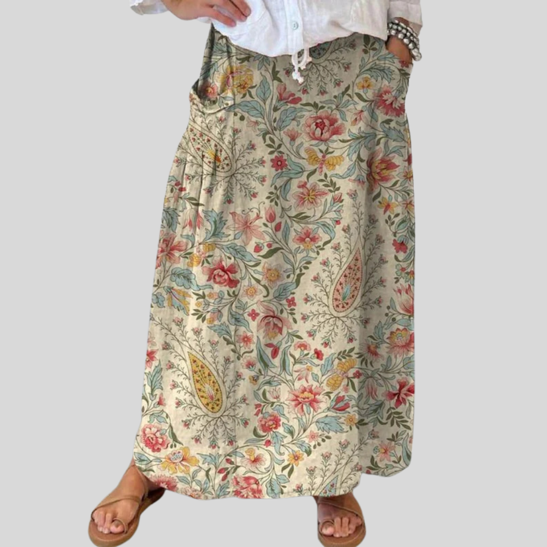 Falda de lino con bolsillos y estampado floral vintage para mujer