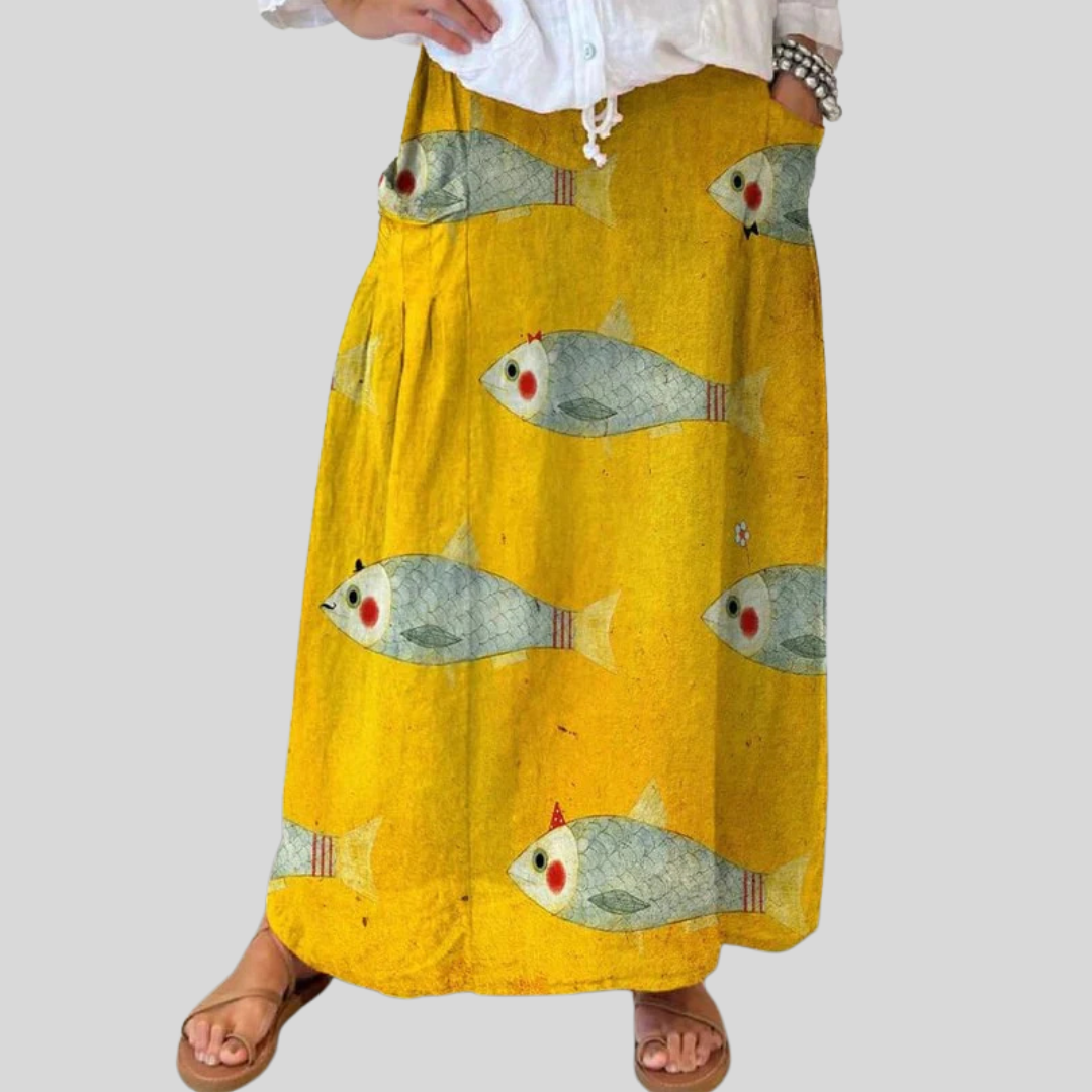 Falda de lino con bolsillos y estampado artístico de peces vintage para mujer
