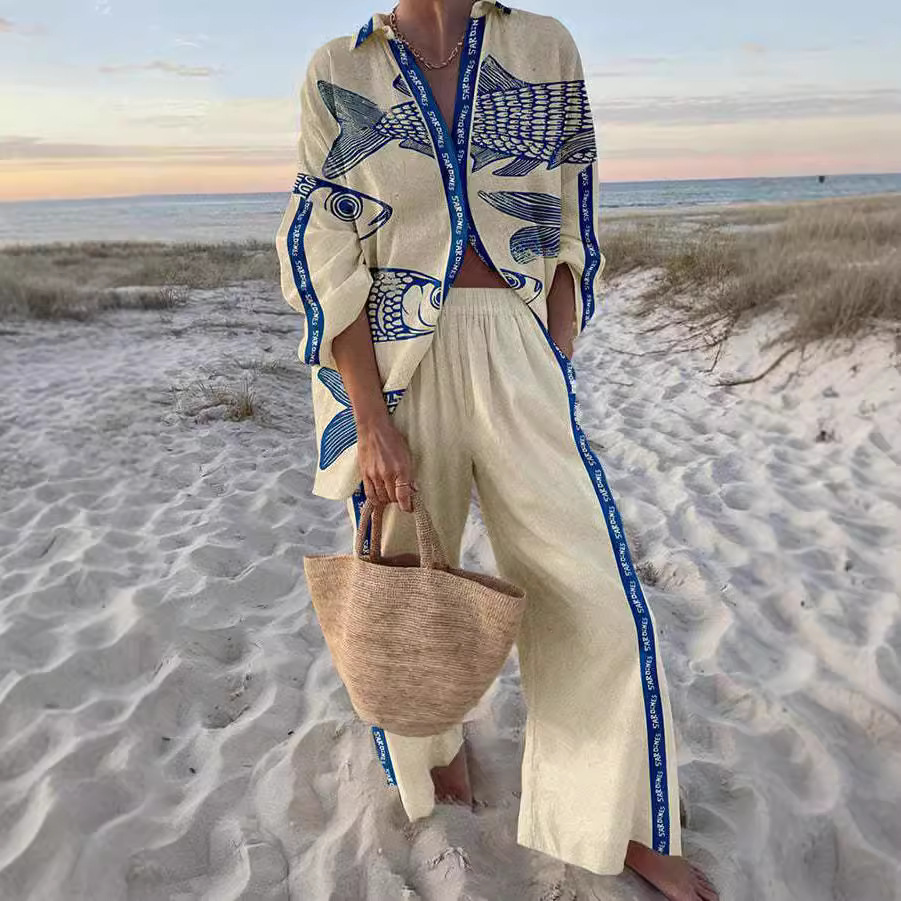 Yazette™ | Conjunto de playa con estampado de peces azules