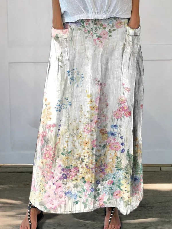 Falda de lino con cintura elástica y bolsillos con estampado floral botánico vintage para mujer