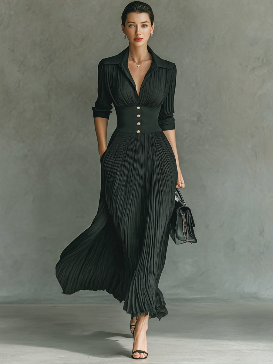 Vestido largo - Mangas largas, cuello con muescas, pliegues