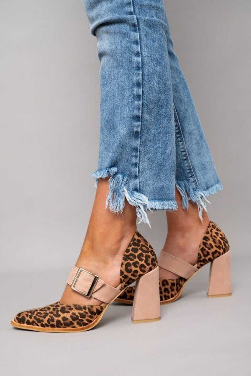 Selveta | Sandalias de ante con tacón estable y estampado de leopardo