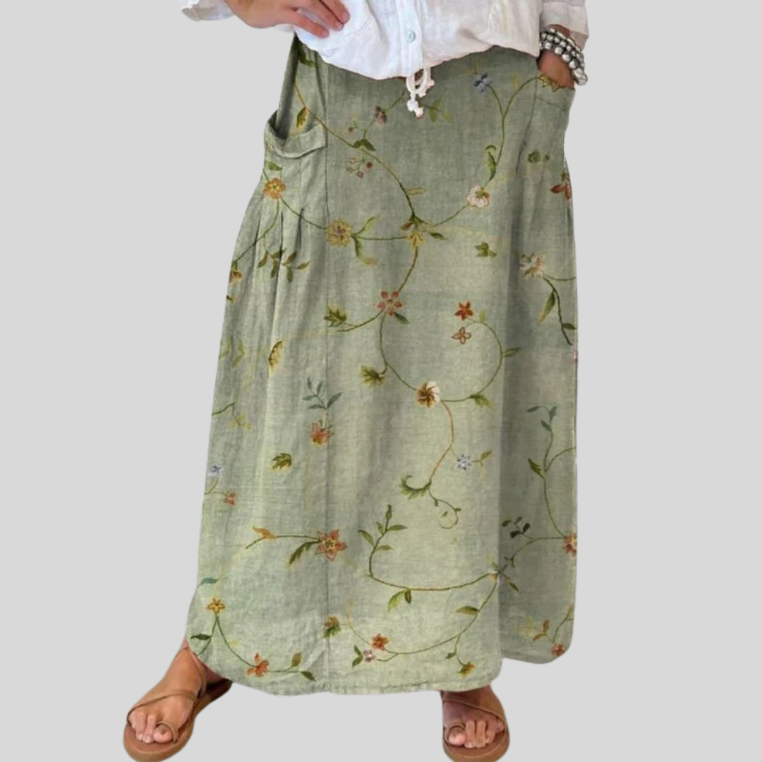 Falda de lino con cintura elástica y bolsillos con diseño floral retro para mujer
