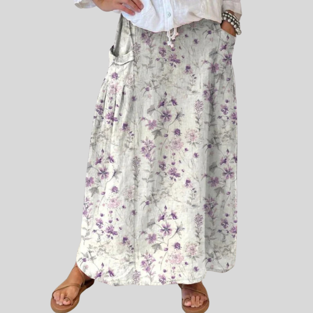 Falda de lino con cintura elástica y bolsillos con diseño floral vintage para mujer