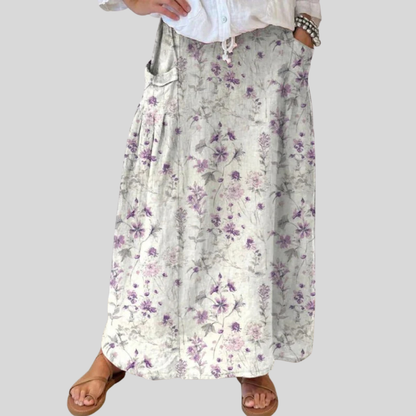 Falda de lino con cintura elástica y bolsillos con diseño floral vintage para mujer