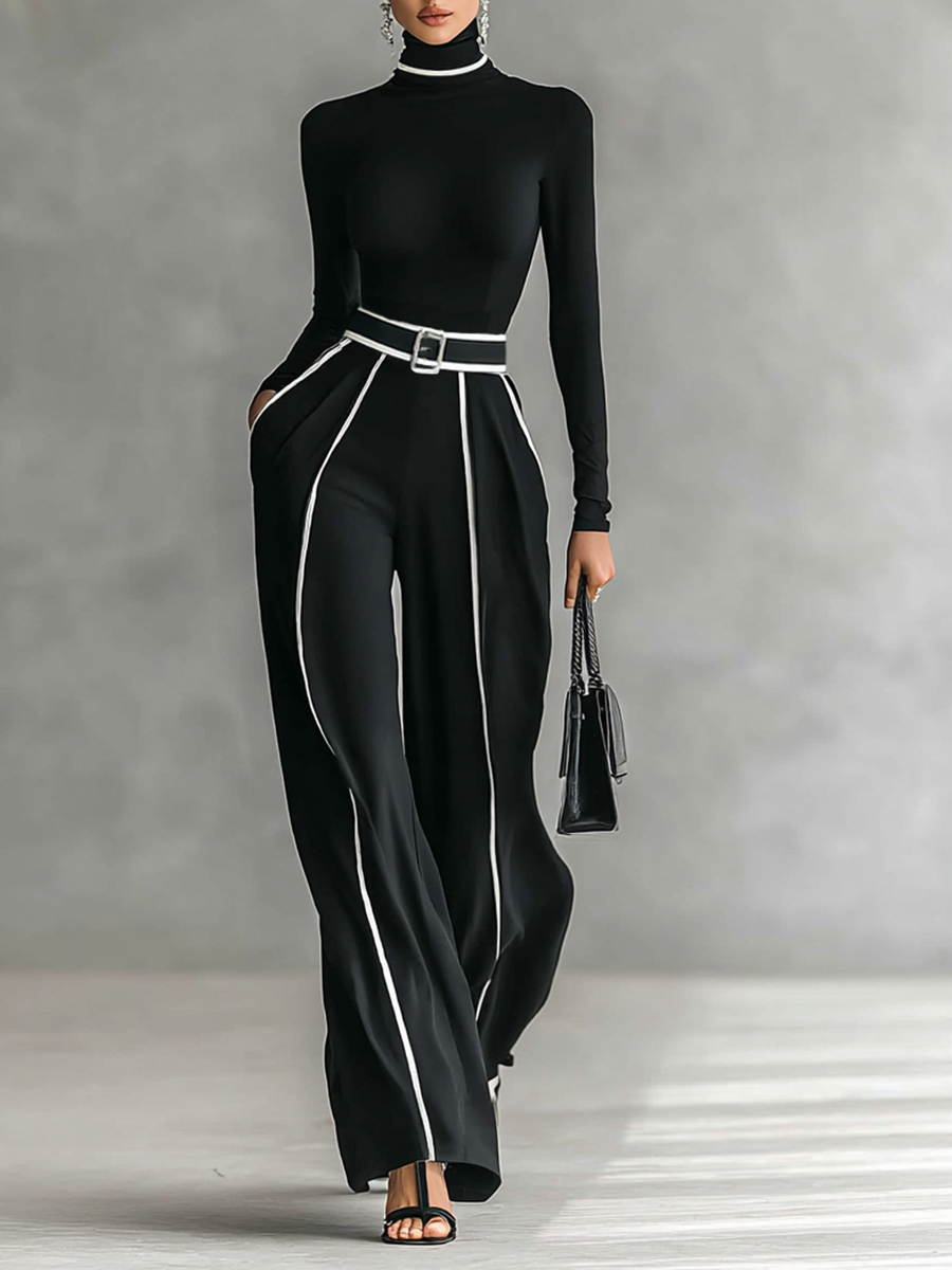 Conjunto de dos piezas: camiseta de manga larga, pantalón ancho y cinturón.
