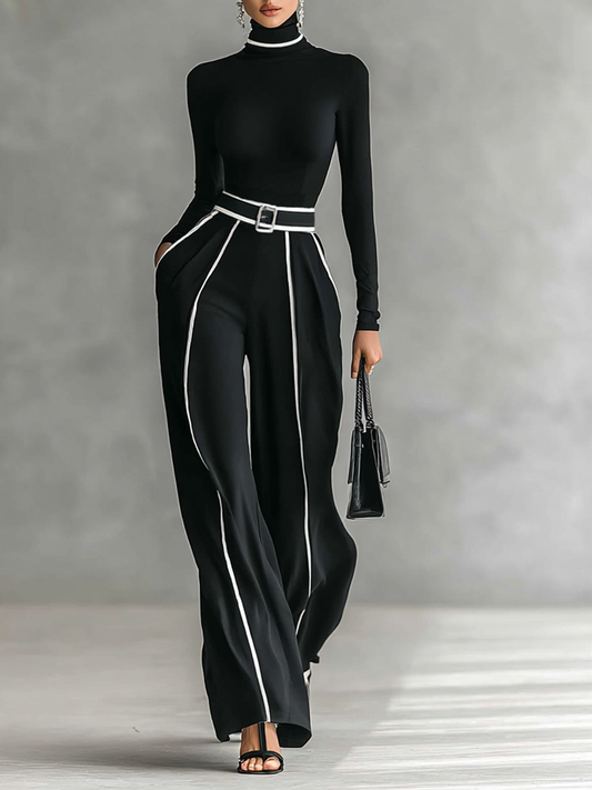 Conjunto de dos piezas: camiseta de manga larga, pantalón ancho y cinturón.
