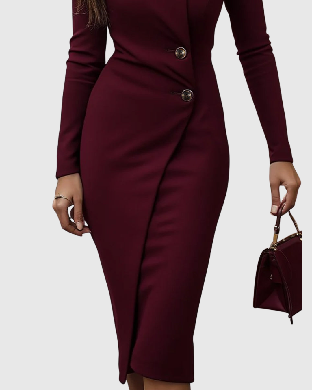 Lune | Vestido midi cruzado con botones en color burdeos