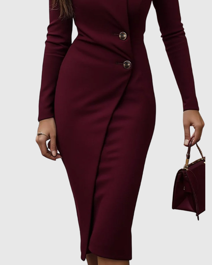 Lune | Vestido midi cruzado con botones en color burdeos