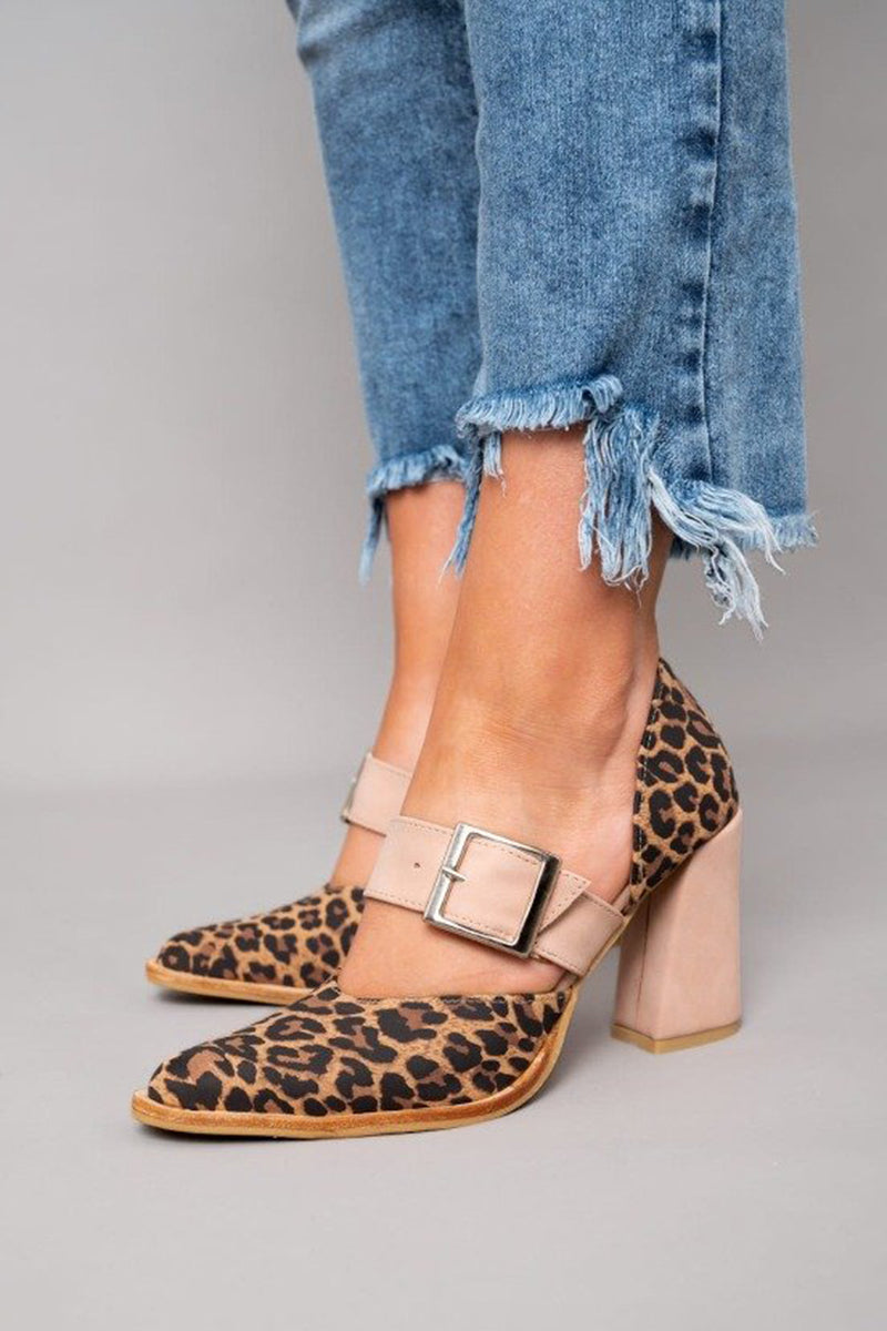 Selveta | Sandalias de ante con tacón estable y estampado de leopardo