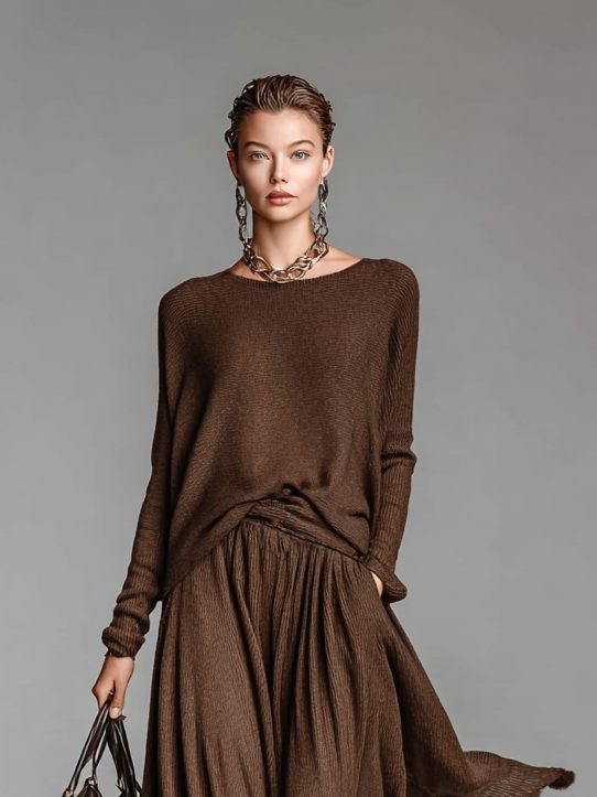 Conjunto de suéter de punto con cuello redondo y falda