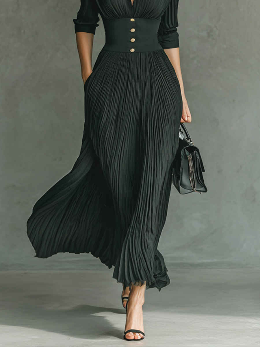 Vestido largo - Mangas largas, cuello con muescas, pliegues