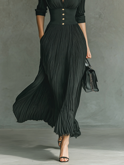Vestido largo - Mangas largas, cuello con muescas, pliegues