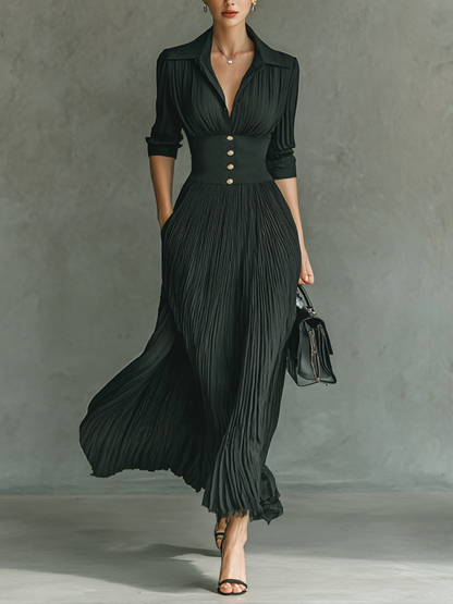 Vestido largo - Mangas largas, cuello con muescas, pliegues