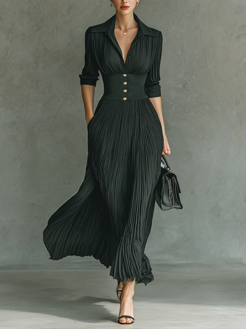 Vestido largo - Mangas largas, cuello con muescas, pliegues