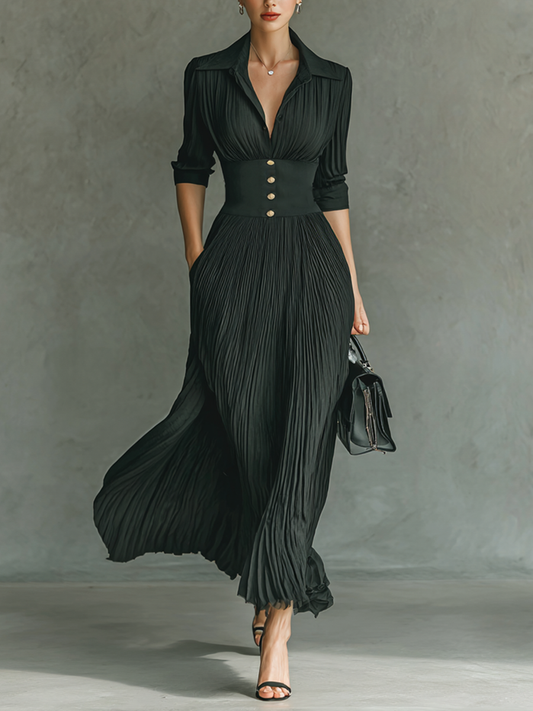 Vestido largo - Mangas largas, cuello con muescas, pliegues