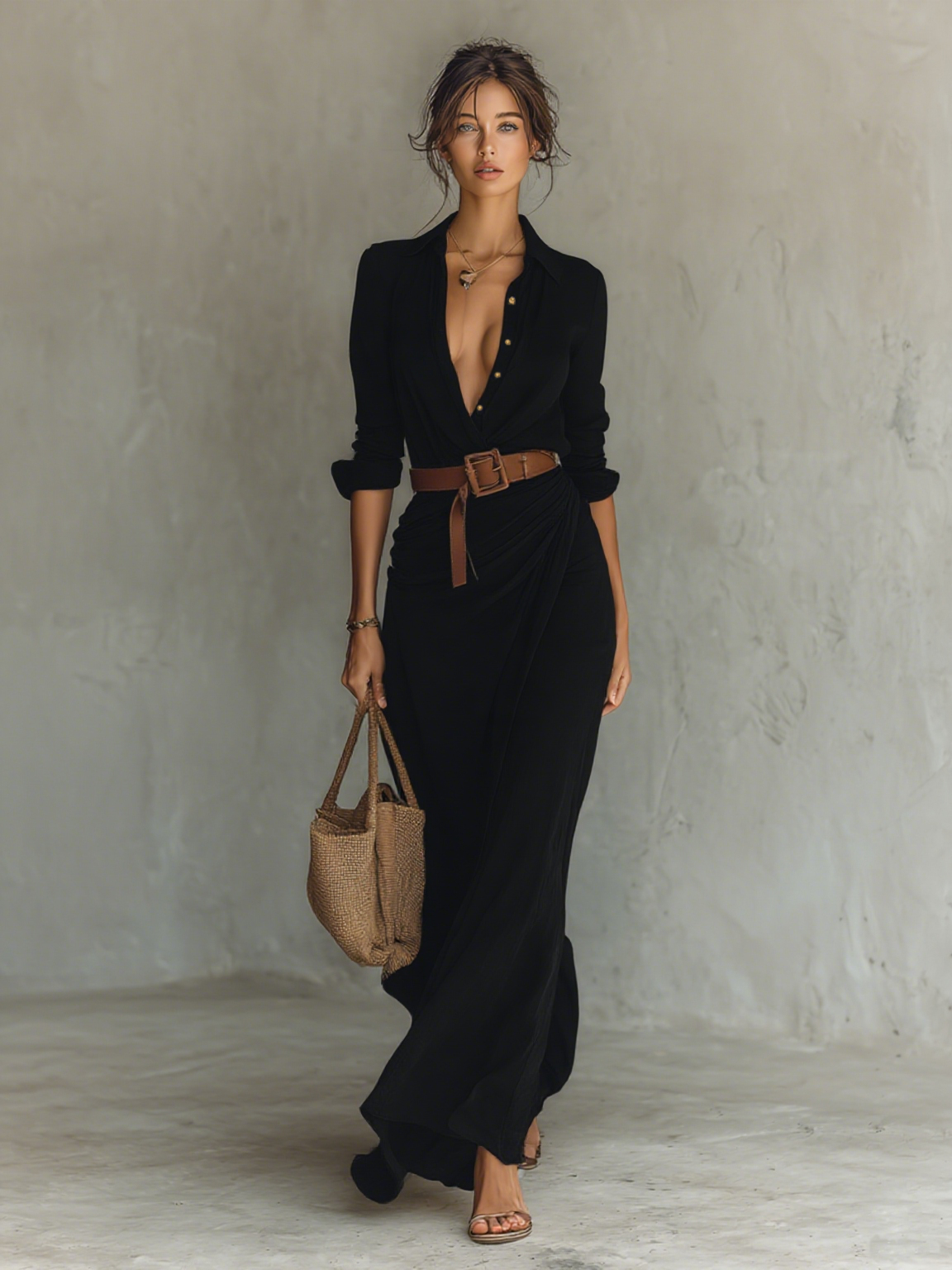 Veloura Luxe™ | Vestido camisero largo con cinturón incluido