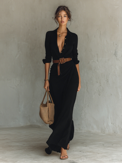 Veloura Luxe™ | Vestido camisero largo con cinturón incluido