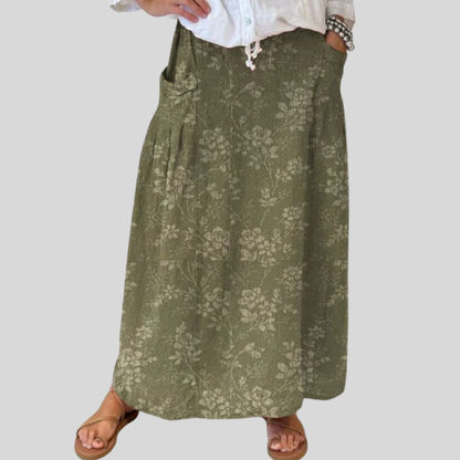 Falda de lino con cintura elástica y bolsillos con estampado floral vintage para mujer