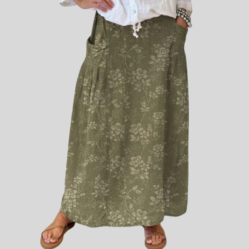 Falda de lino con cintura elástica y bolsillos con estampado floral vintage para mujer