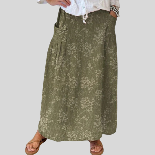 Falda de lino con cintura elástica y bolsillos con estampado floral vintage para mujer