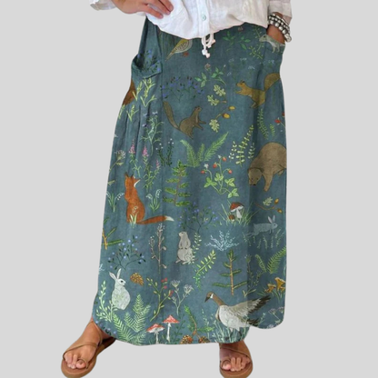 Falda informal de lino con bolsillos y estampado floral retro para mujer