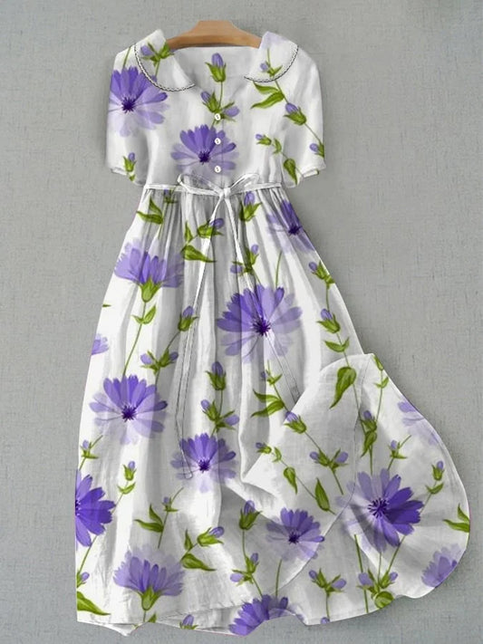 Izae - Vestido floral vintage con lazos en la cintura y medias mangas