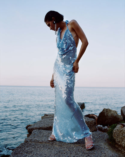 Naline™ | Vestido largo con cuello halter y lentejuelas 