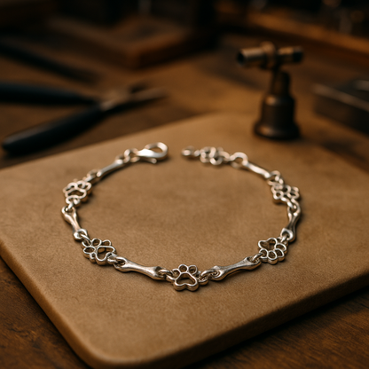 Pulsera con dijes de pata de perro y hueso en plata