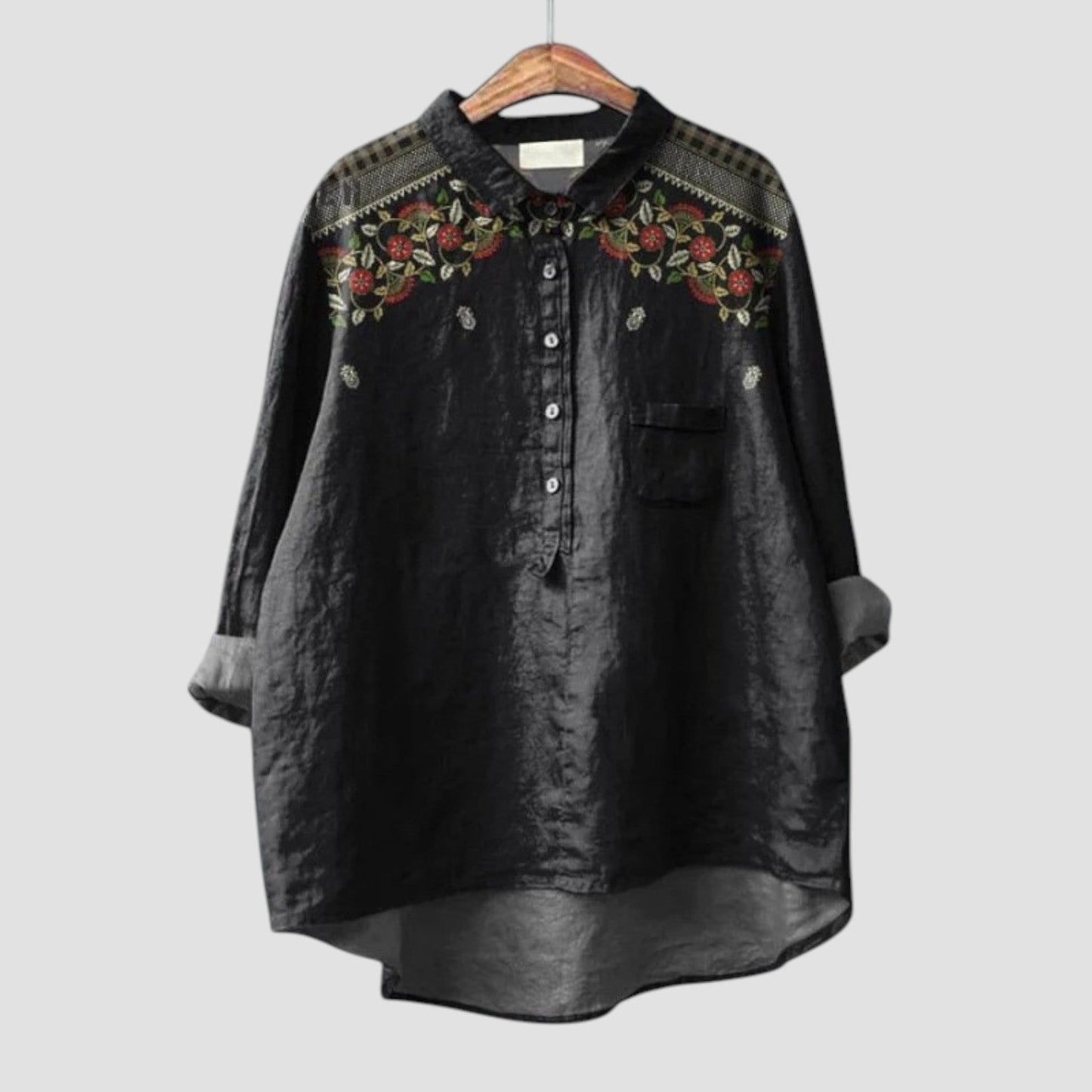 Carina | Camisa oversize negra con bordado floral para un estilo elegante y relajado 