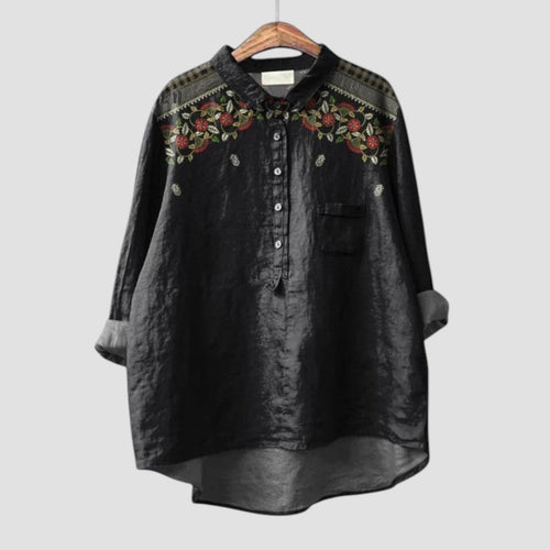 Carina | Camisa oversize negra con bordado floral para un estilo elegante y relajado 