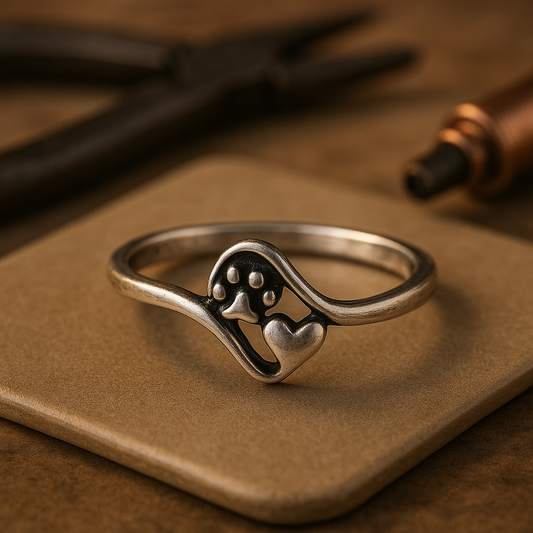 Anillo de plata vintage con motivo de huella de pata y corazón