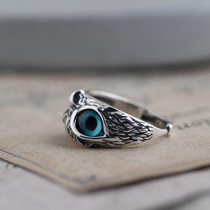 Anillo ajustable Búho de la Buena Suerte en Plata y Ópalo