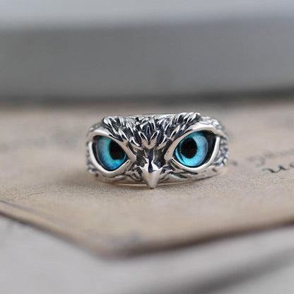 Anillo ajustable Búho de la Buena Suerte en Plata y Ópalo