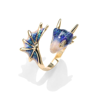 Anillo de Dragón Ajustable en Plata y Esmalte Pintado a Mano