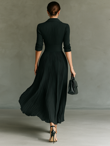 Vestido largo - Mangas largas, cuello con muescas, pliegues