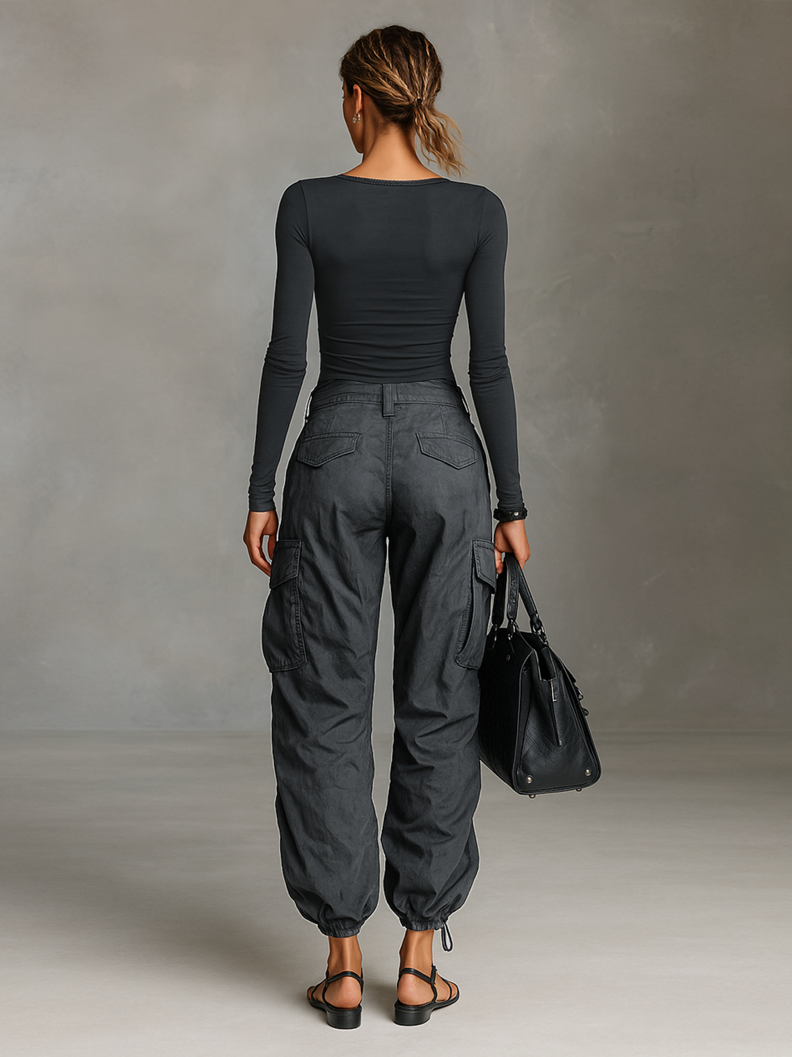 Conjunto de dos piezas: camiseta de cuello cuadrado y pantalón cargo con múltiples bolsillos