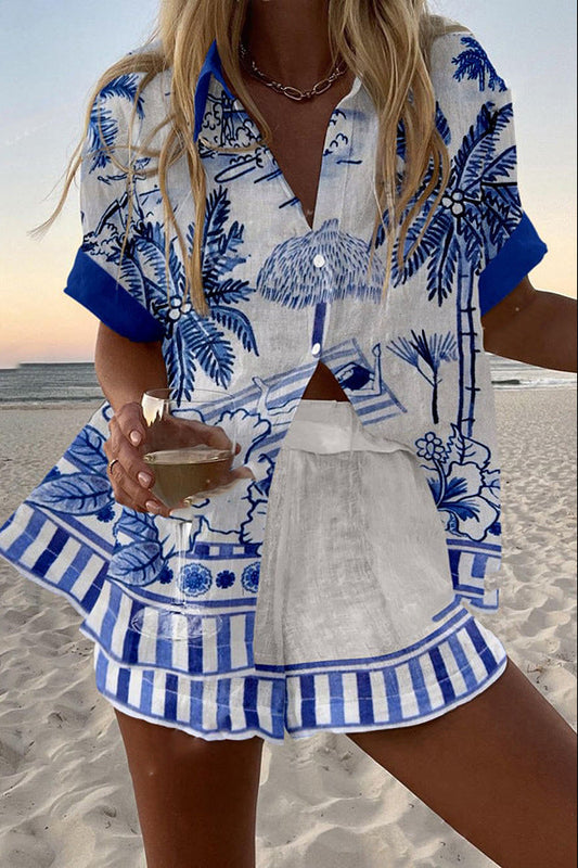 Zanika™ | Conjunto de playa corto con estampado de palmeras 