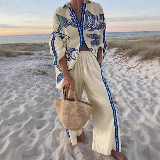 Yazette™ | Conjunto de playa con estampado de peces azules 