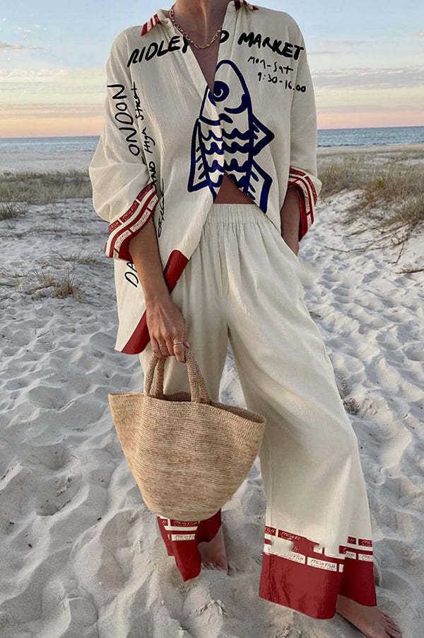 Rounelle™ | Conjunto de playa completo con estampado de peces azules 