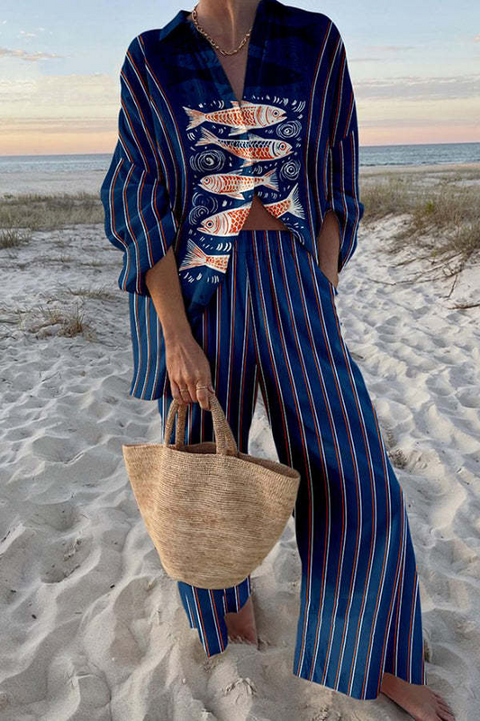 Zairine™ | Conjunto Long Beach con estampado de koi azul 