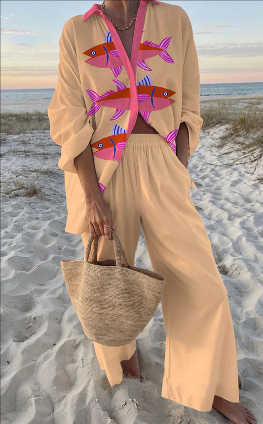 Evalisse™ | Conjunto de playa con estampado de peces rosas 