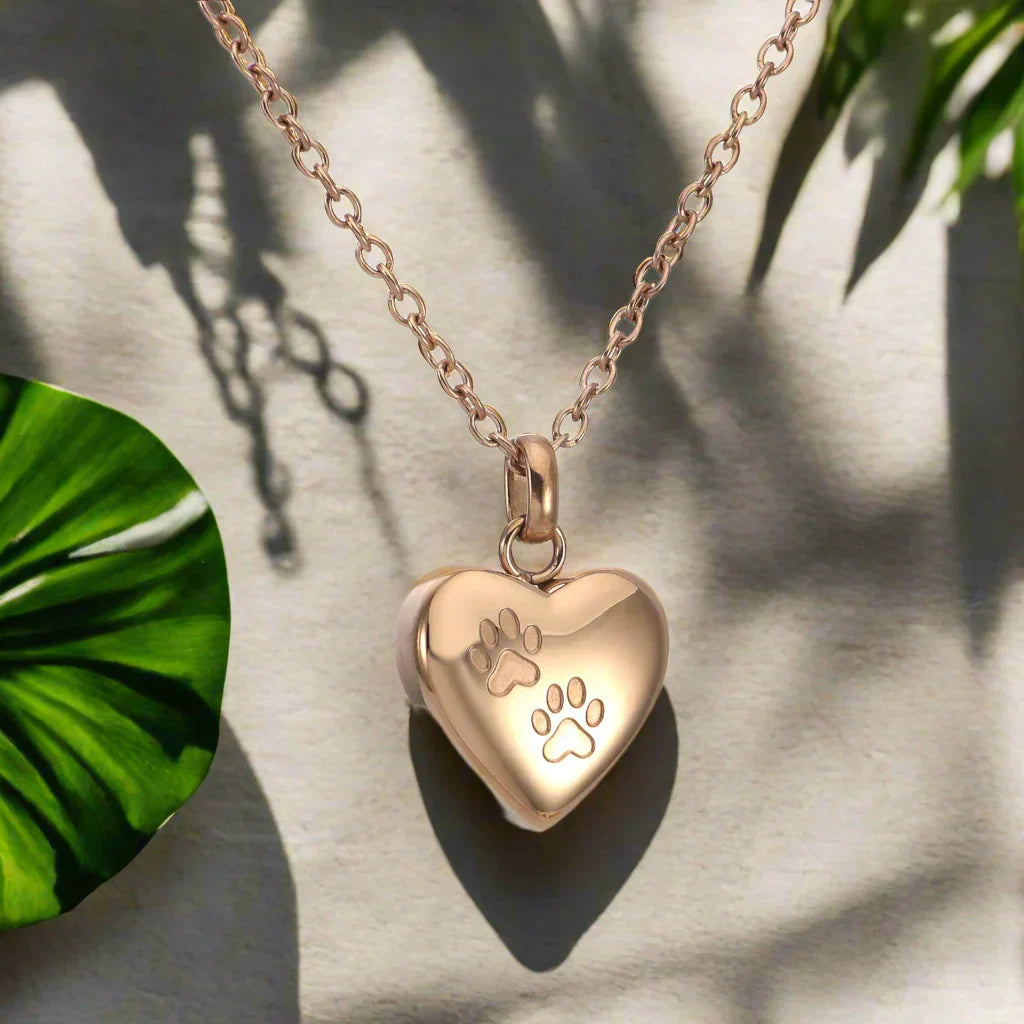 Collar con urna conmemorativa para mascotas: colgante en forma de corazón con huella de pata grabada