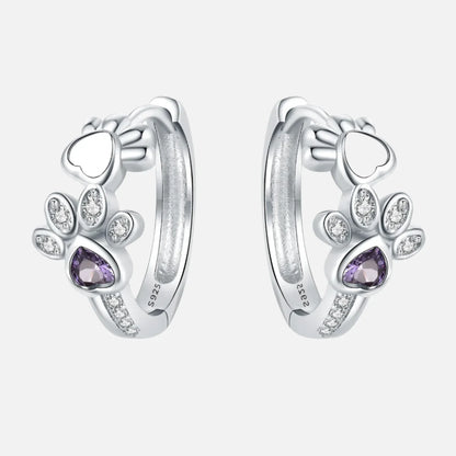 Pendientes Huggie Paw en plata con circonitas y piedra preciosa en forma de corazón