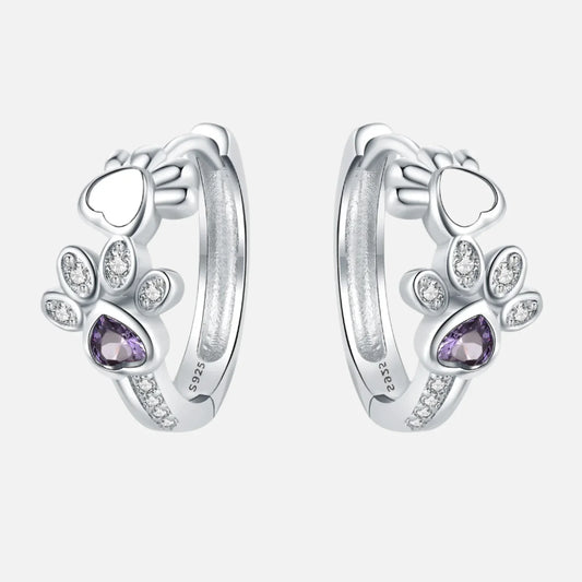 Pendientes Huggie Paw en plata con circonitas y piedra preciosa en forma de corazón