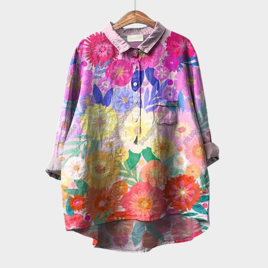 Aria | Blusa floral extragrande con colores brillantes y elegante comodidad para uso diario 