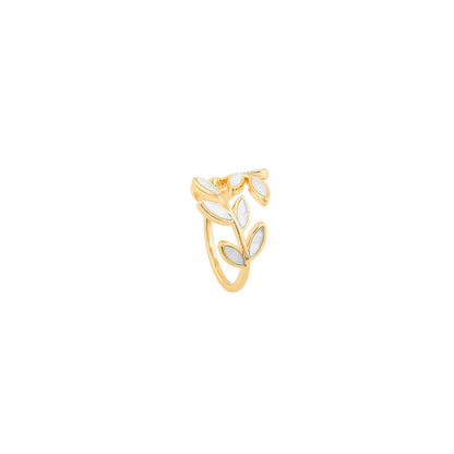 Anillo de oro ajustable con hoja y ópalo blanco 