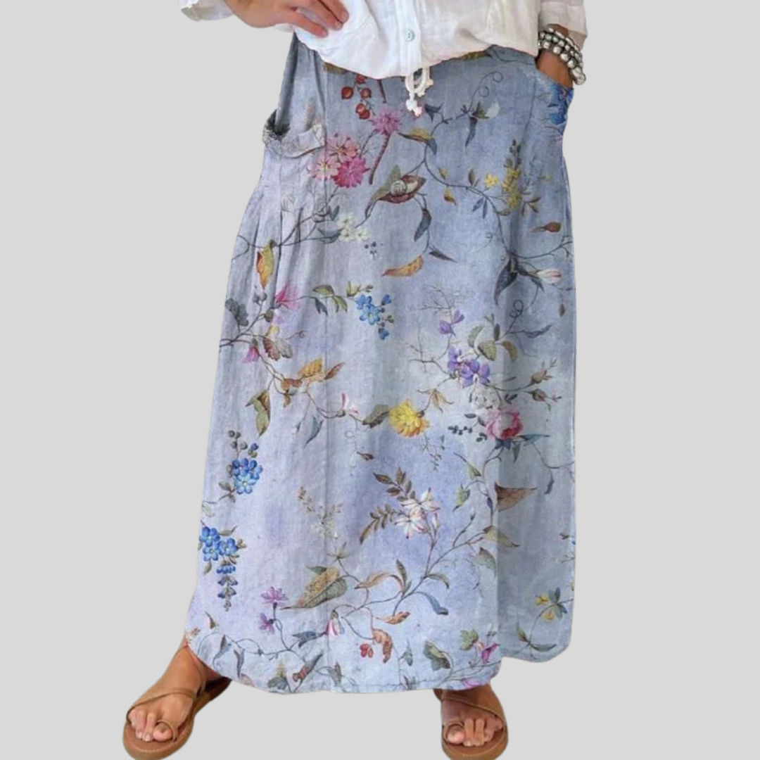 Falda elegante de lino con bolsillos y estampado azul vintage para mujer