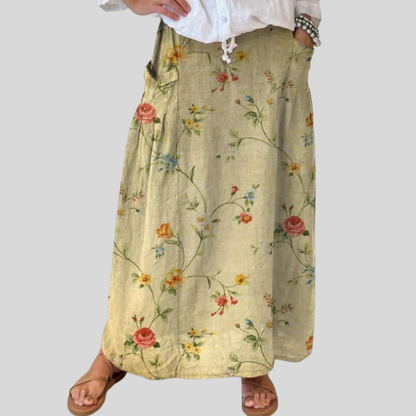Falda de lino con cintura elástica y bolsillos con diseño floral retro elegante para mujer